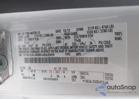 2013 Ford Escape Titanium z USA, uszkodzony, nr VIN 1FMCU0J99DUB43909